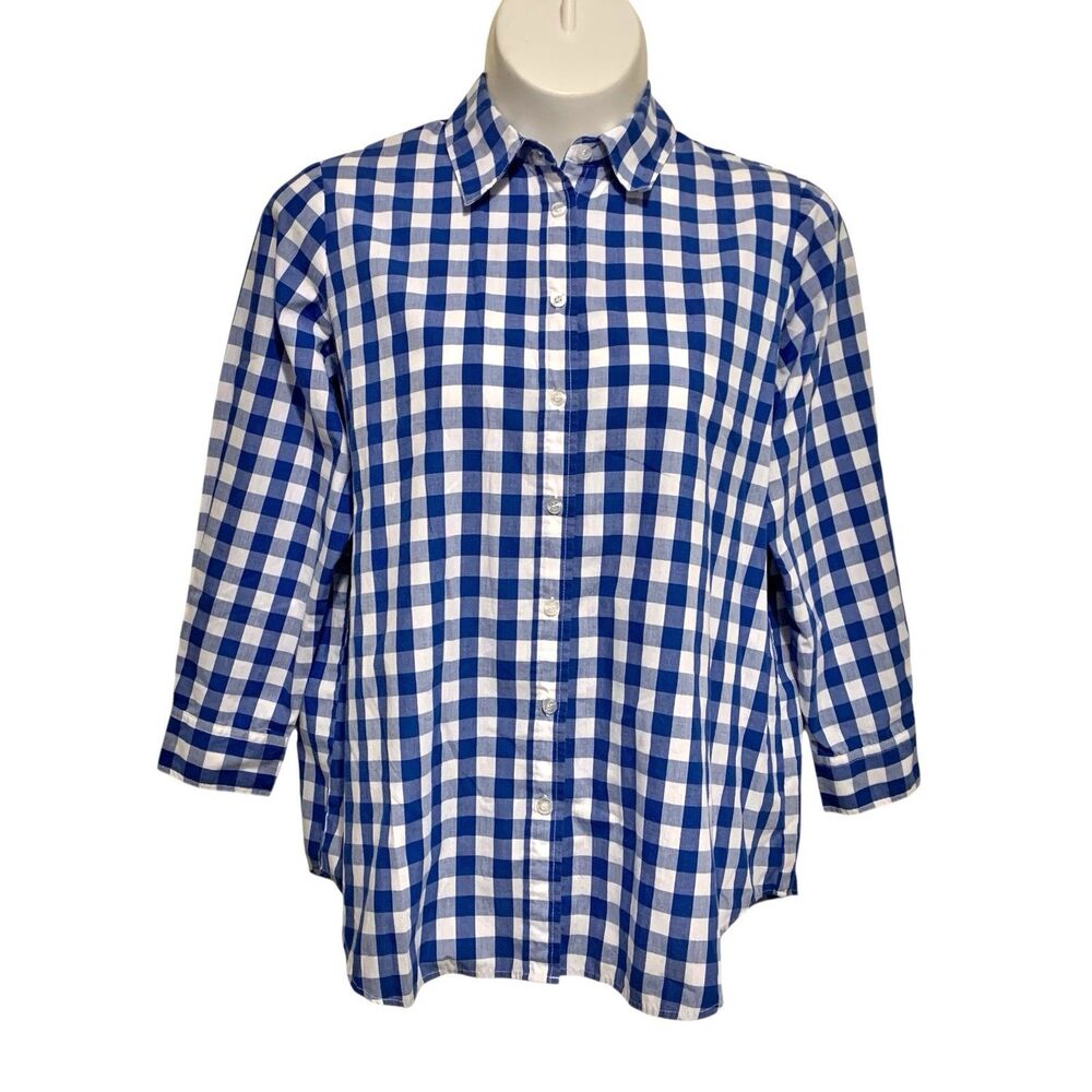 Blouse Womens Large Blue White Checks Long Sleeve Button-Up